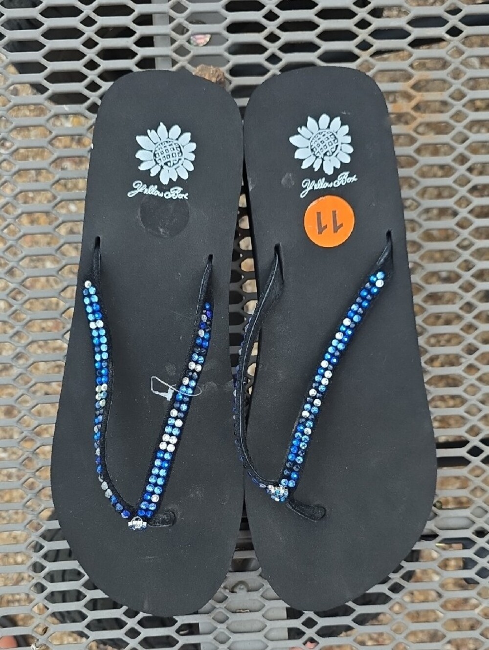 Yellow Box Black Flip Flops with Blue Rhinestone Straps - Picture 4 of 5